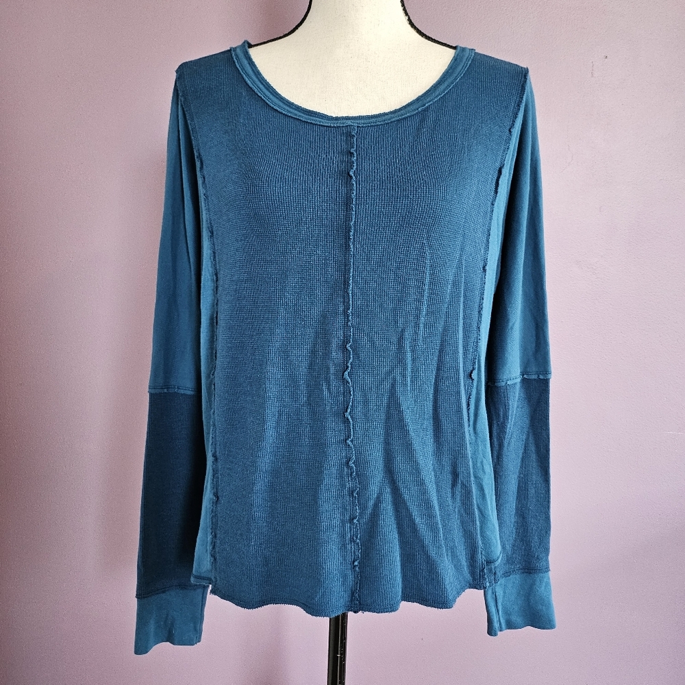Michael Stars Blue Pieced Waffle Raw Edge Oversized Long Sleeve Top